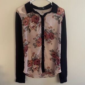 Forever 21 Black and Pink Floral Button-Down Shirt